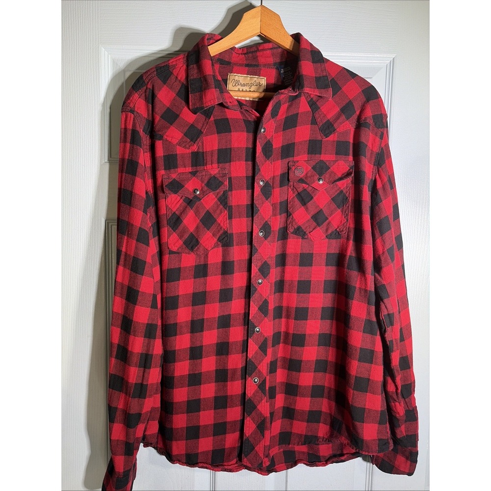 Wrangler Retro Mens XL Red Black Buffalo Plaid Western Pearl Snap Flannel Shirt